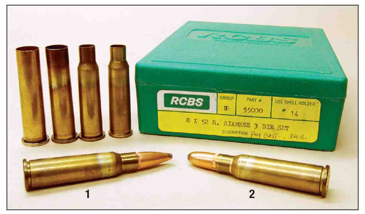 Special order RCBS dies easily form 8x52Rmm (Type 66) cases from .45-70 brass (as shown at left). Loaded rounds use a (1) Remington 185-grain Core-Lokt bullet and a (2) Hornady 170-grain roundnose. Both are .323-inch diameter.